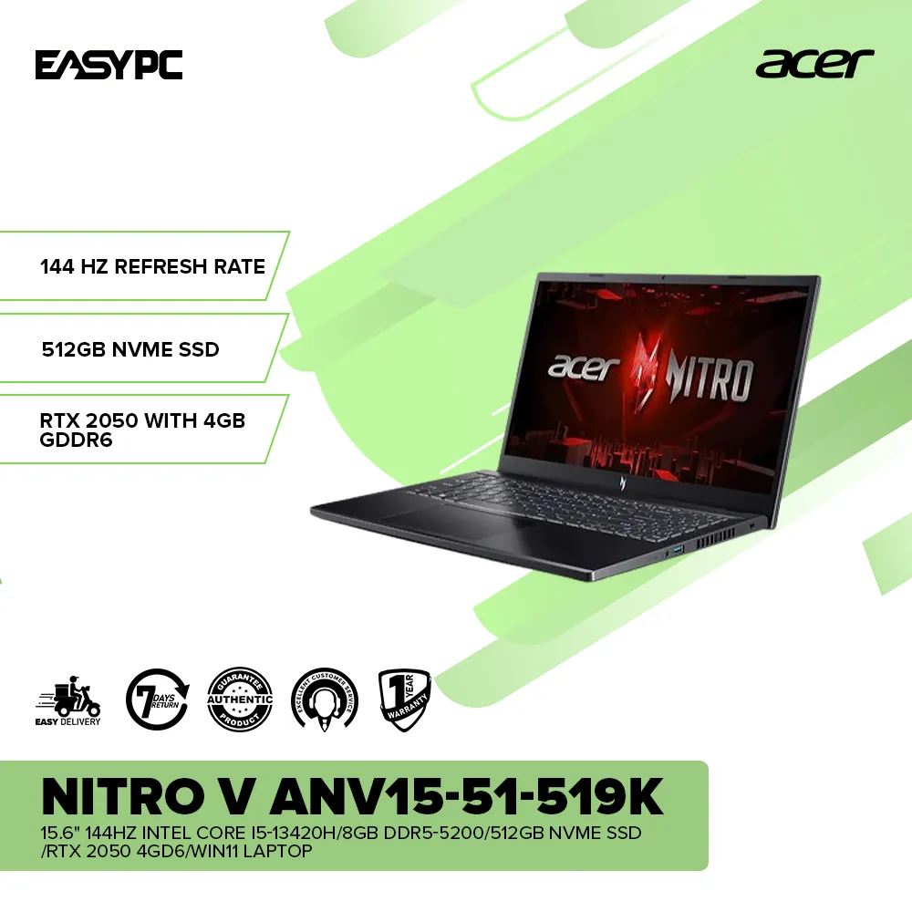 Acer Nitro V ANV15-51-519K 15.6" 144Hz i5-13420H/8GB DDR5-5200/512GB SSD/RTX 2050 4GD6/Win11 Laptop