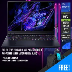 Acer Predator Helios 16 PH16-72-96H6 Gaming Laptop (Abyssal Black) | 16" WQXGA (2560x1600) 240Hz | i9-14900HX | 16GB RAM | 1TB SSD | RTX 4070 | Windows 11 Pro    Predator Backpack   Predator Gaming Chair LK-8103A