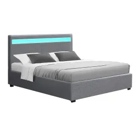 Artiss Bed Frame Double Size Gas Lift RGB LED Bedbase Grey Cole