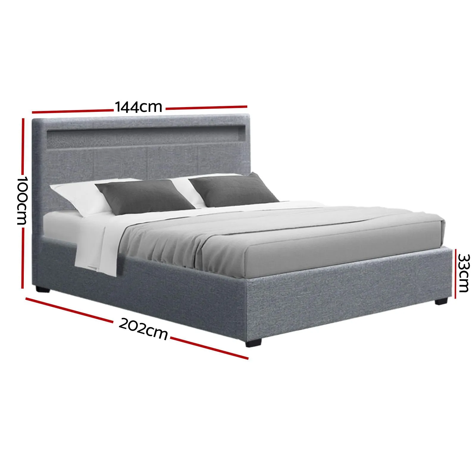 Artiss Bed Frame Double Size Gas Lift RGB LED Bedbase Grey Cole