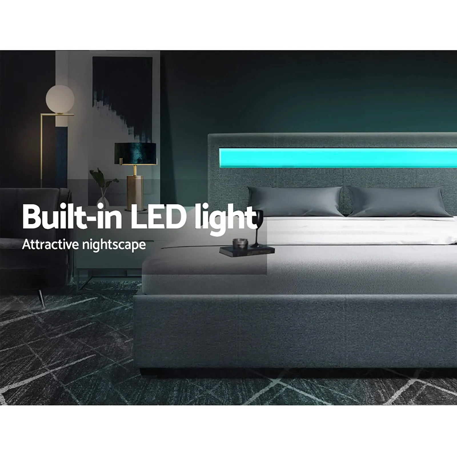 Artiss Bed Frame Double Size Gas Lift RGB LED Bedbase Grey Cole