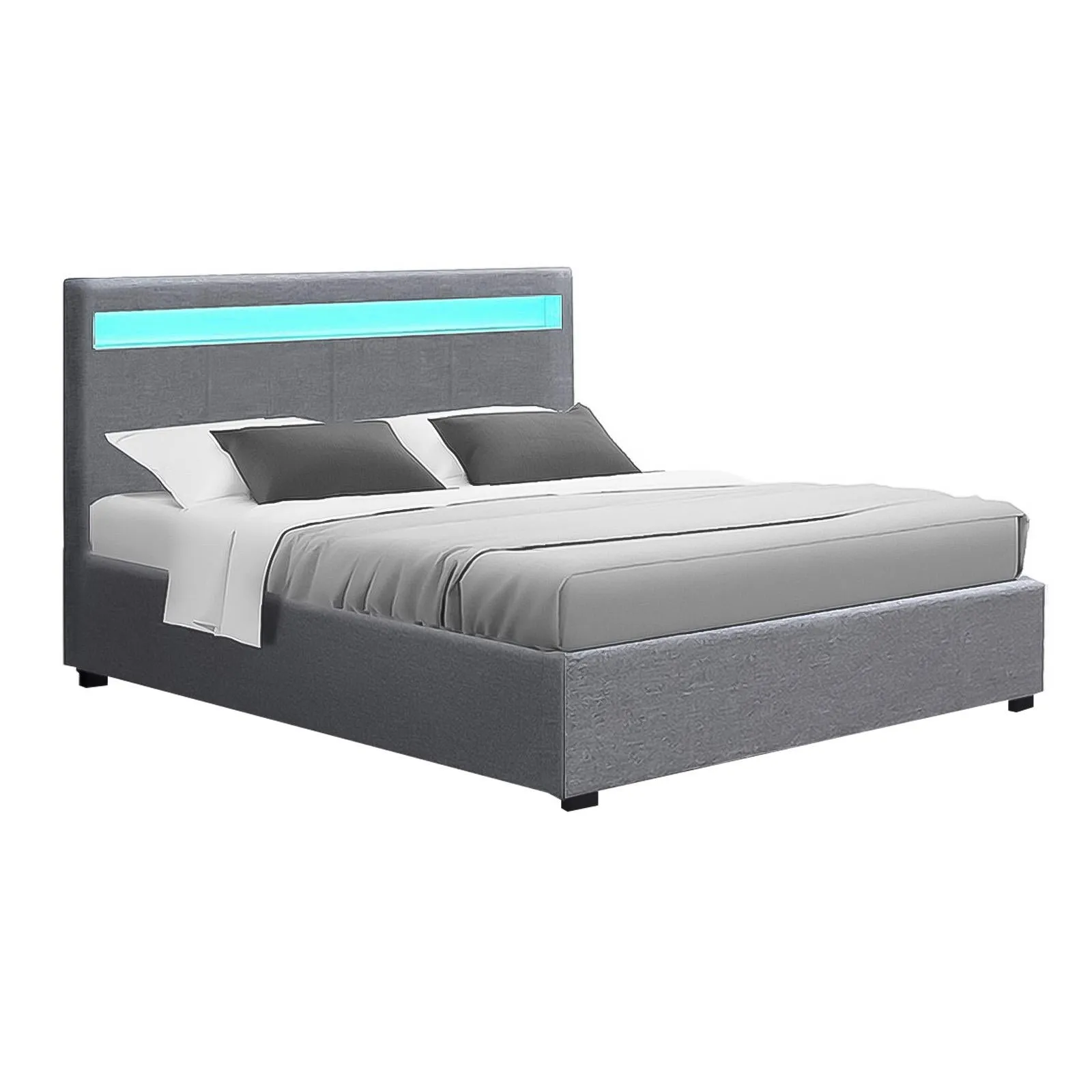 Artiss Bed Frame Double Size Gas Lift RGB LED Bedbase Grey Cole