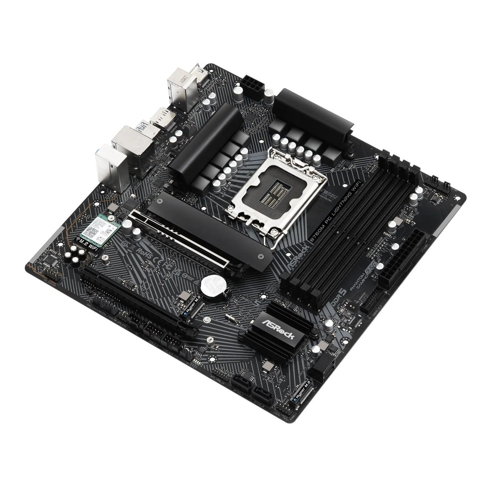 Asrock B760M PG Lightning WiFi Motherboard, Intel B760, 1700, Micro ATX, DDR5, HDMI, DP, Wi-Fi 6E, 2.5G LAN, PCIe5, M.2