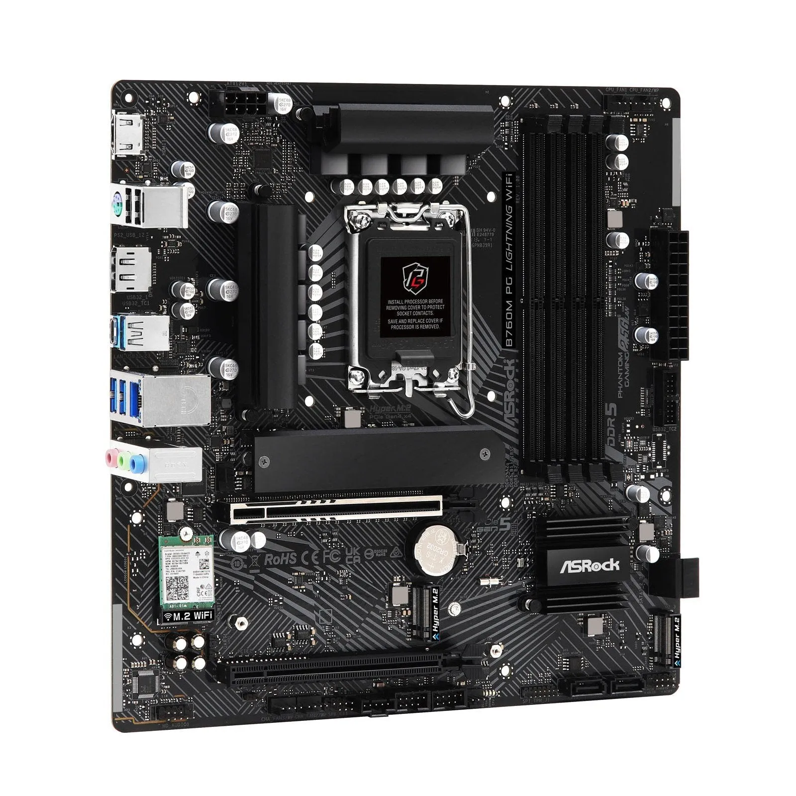 Asrock B760M PG Lightning WiFi Motherboard, Intel B760, 1700, Micro ATX, DDR5, HDMI, DP, Wi-Fi 6E, 2.5G LAN, PCIe5, M.2