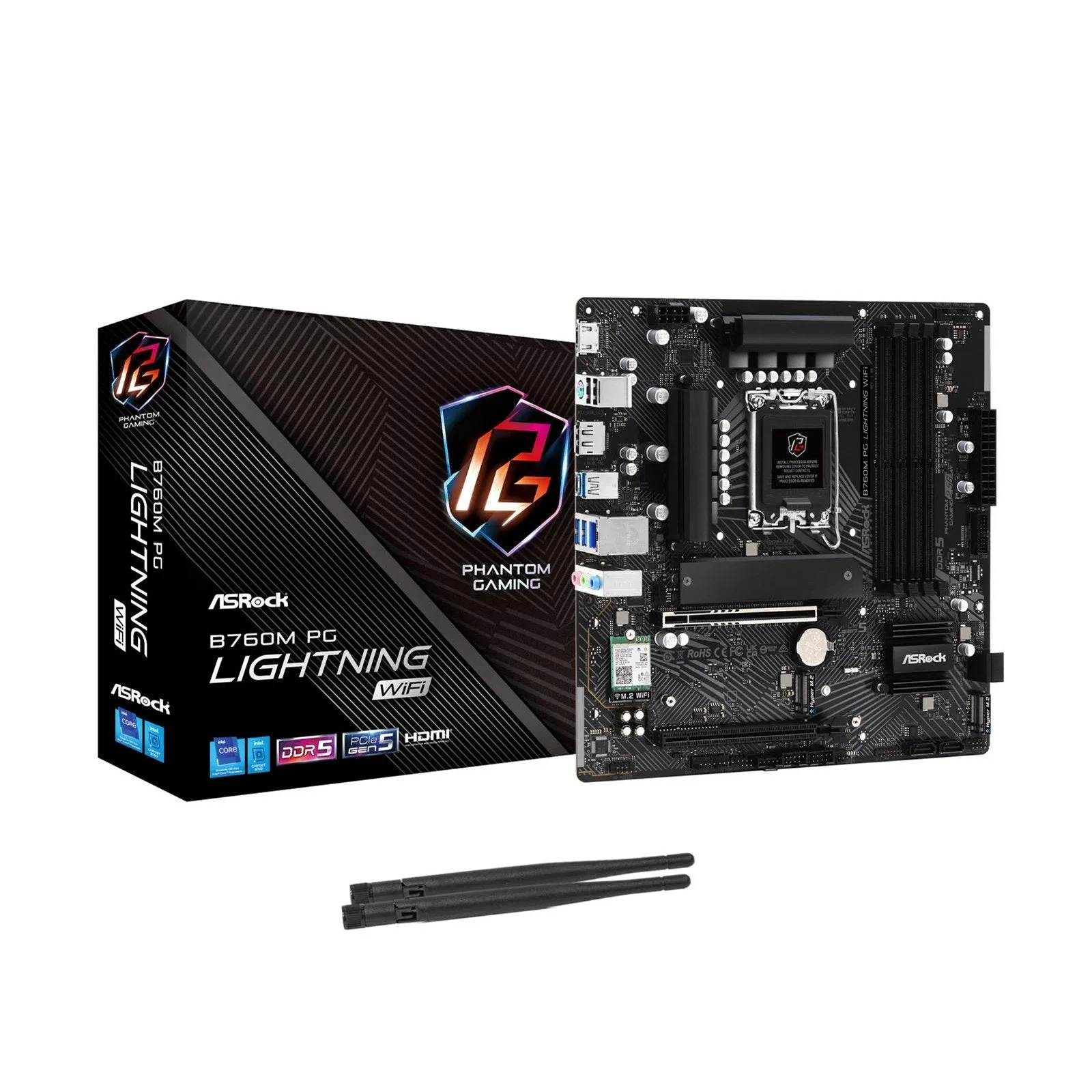 Asrock B760M PG Lightning WiFi Motherboard, Intel B760, 1700, Micro ATX, DDR5, HDMI, DP, Wi-Fi 6E, 2.5G LAN, PCIe5, M.2