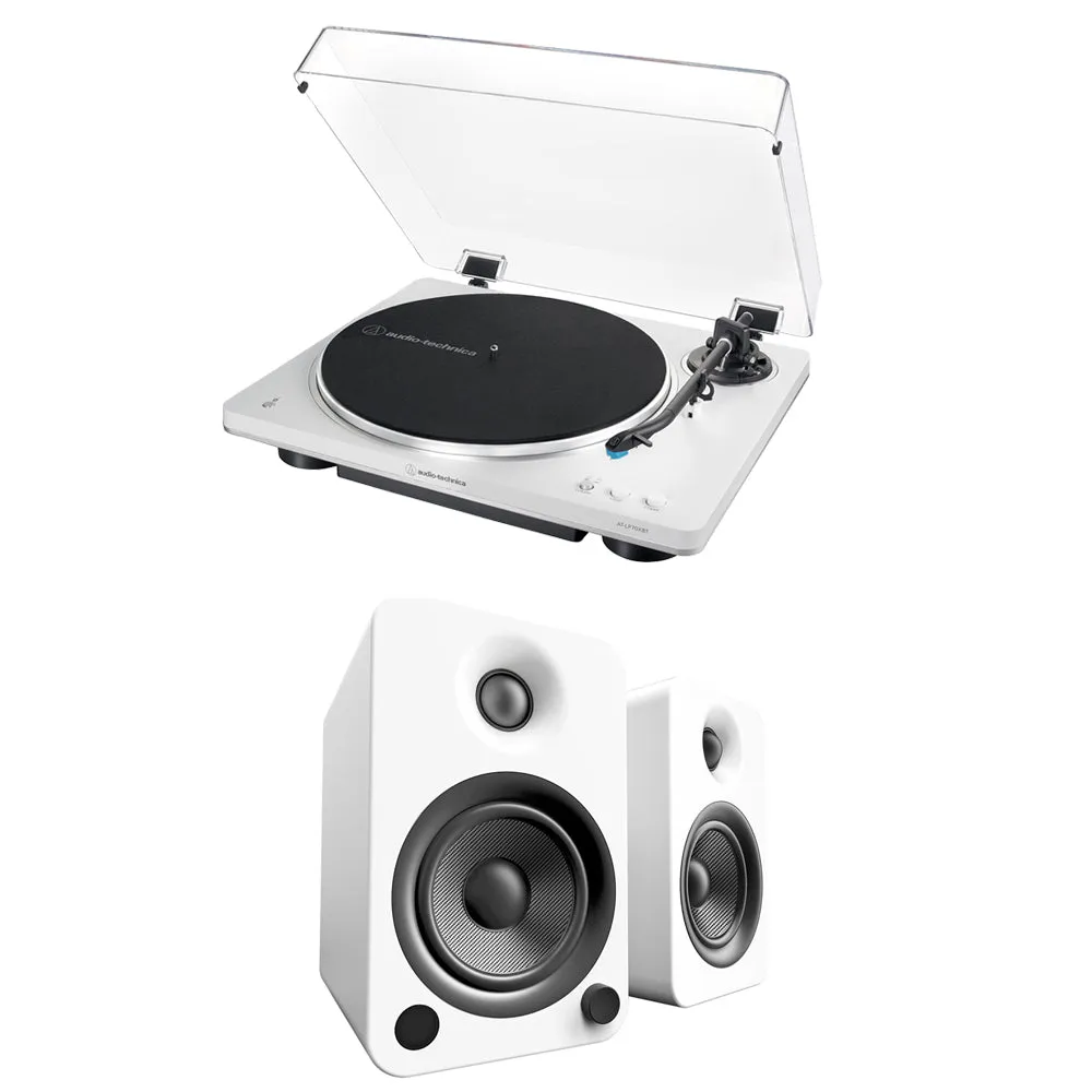 Audio Technica AT-LP70XBT Fully Automatic Bluetooth Wireless Turntable with Kanto YU4 140W Powered Bookshelf Speakers HiFi Package White