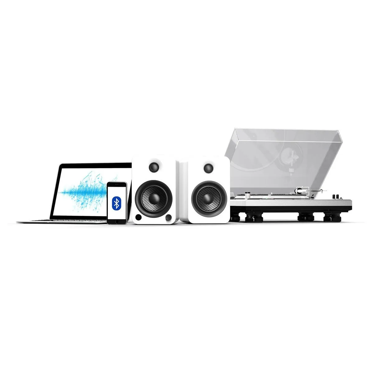 Audio Technica AT-LP70XBT Fully Automatic Bluetooth Wireless Turntable with Kanto YU4 140W Powered Bookshelf Speakers HiFi Package White