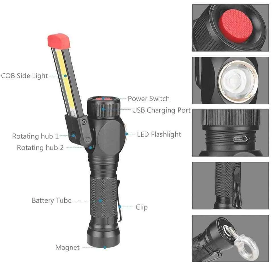 COB & LED WORK LIGHT TORCH  RECHARGEABLE  USB  WATERPROOF FOLDING TORCH