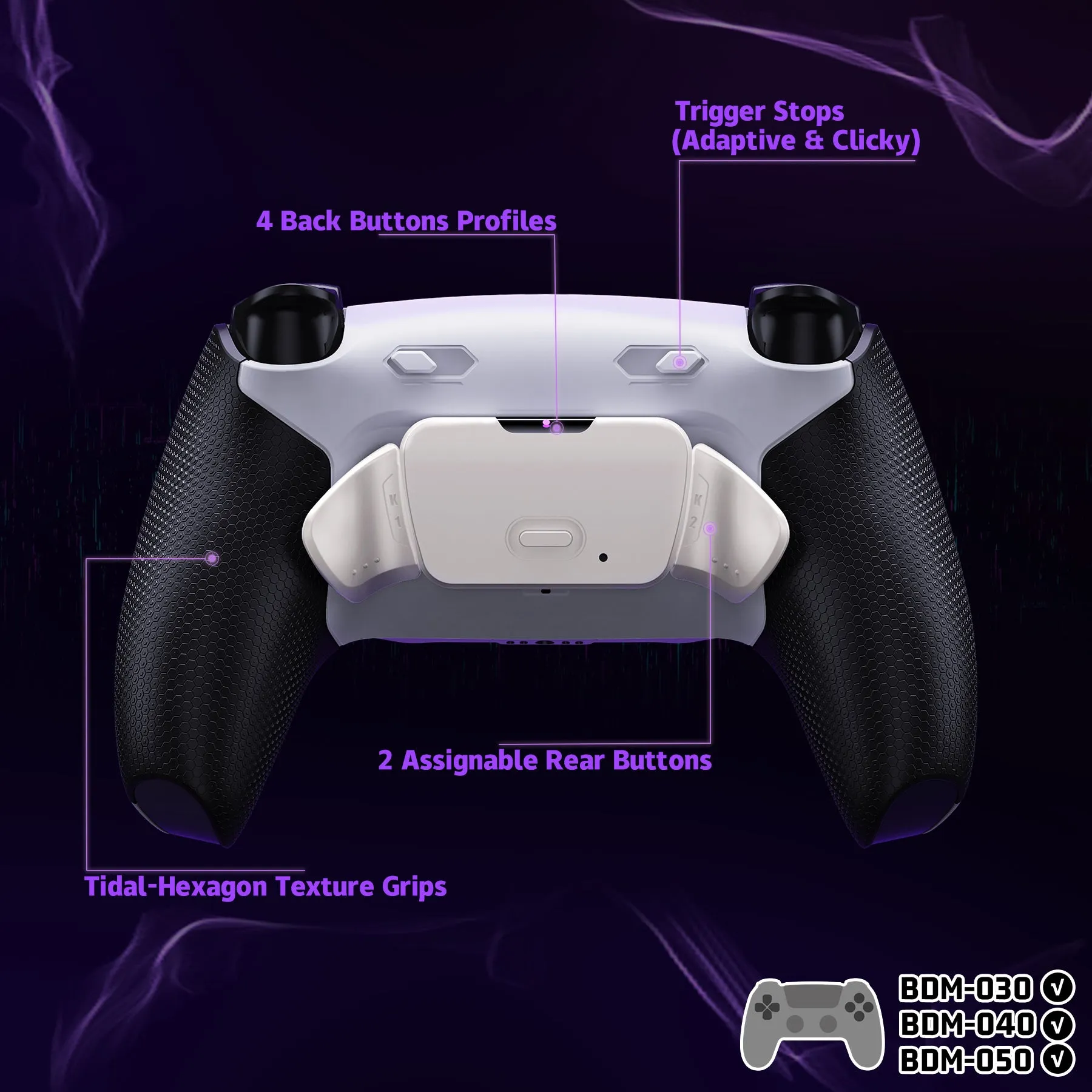 eXtremeRate Real Metal Buttons (RMB) Version RISE Plus MAX Back Paddles Kit with Clicky Trigger Stops & Rubberized Grip for PS5 Controller BDM-030/040/050 - White Black - Silver - GQTPFJ003M2