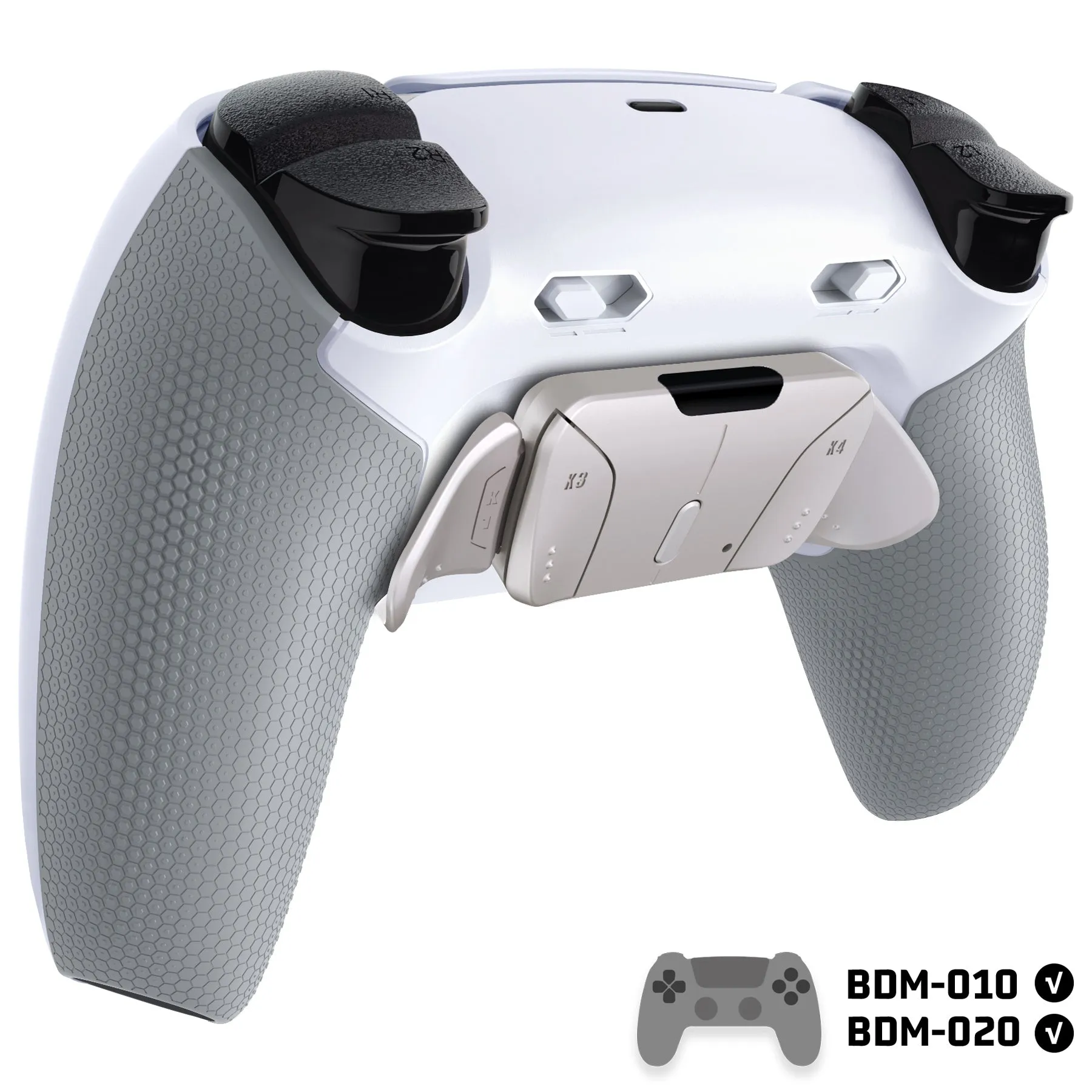 eXtremeRate Real Metal Buttons (RMB) Version RISE4 Plus MAX Back Paddles Kit with Clicky Trigger Stops & Rubberized Grip for PS5 Controller BDM-010/020 - White Gray - Silver - HKCPFJ002