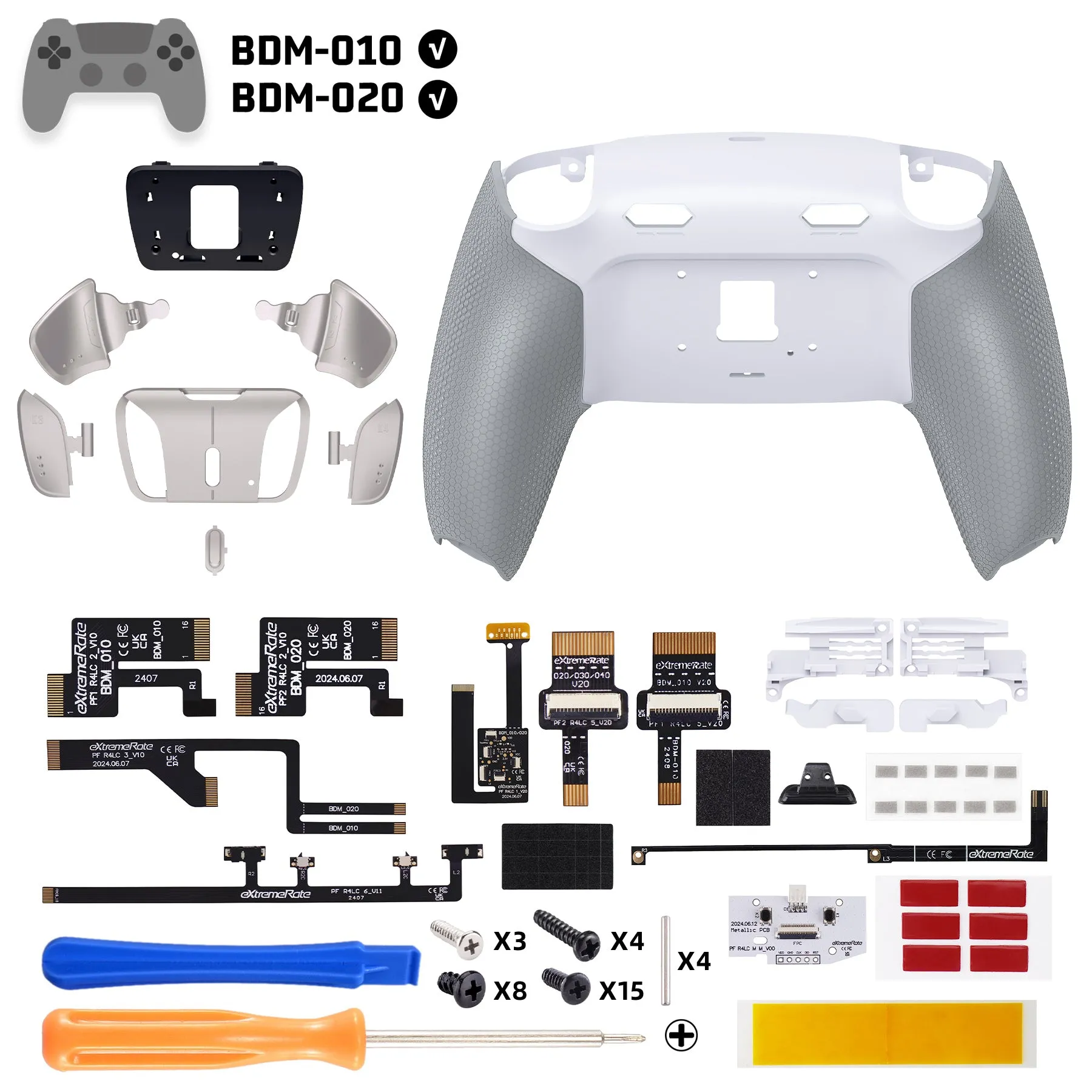 eXtremeRate Real Metal Buttons (RMB) Version RISE4 Plus MAX Back Paddles Kit with Clicky Trigger Stops & Rubberized Grip for PS5 Controller BDM-010/020 - White Gray - Silver - HKCPFJ002