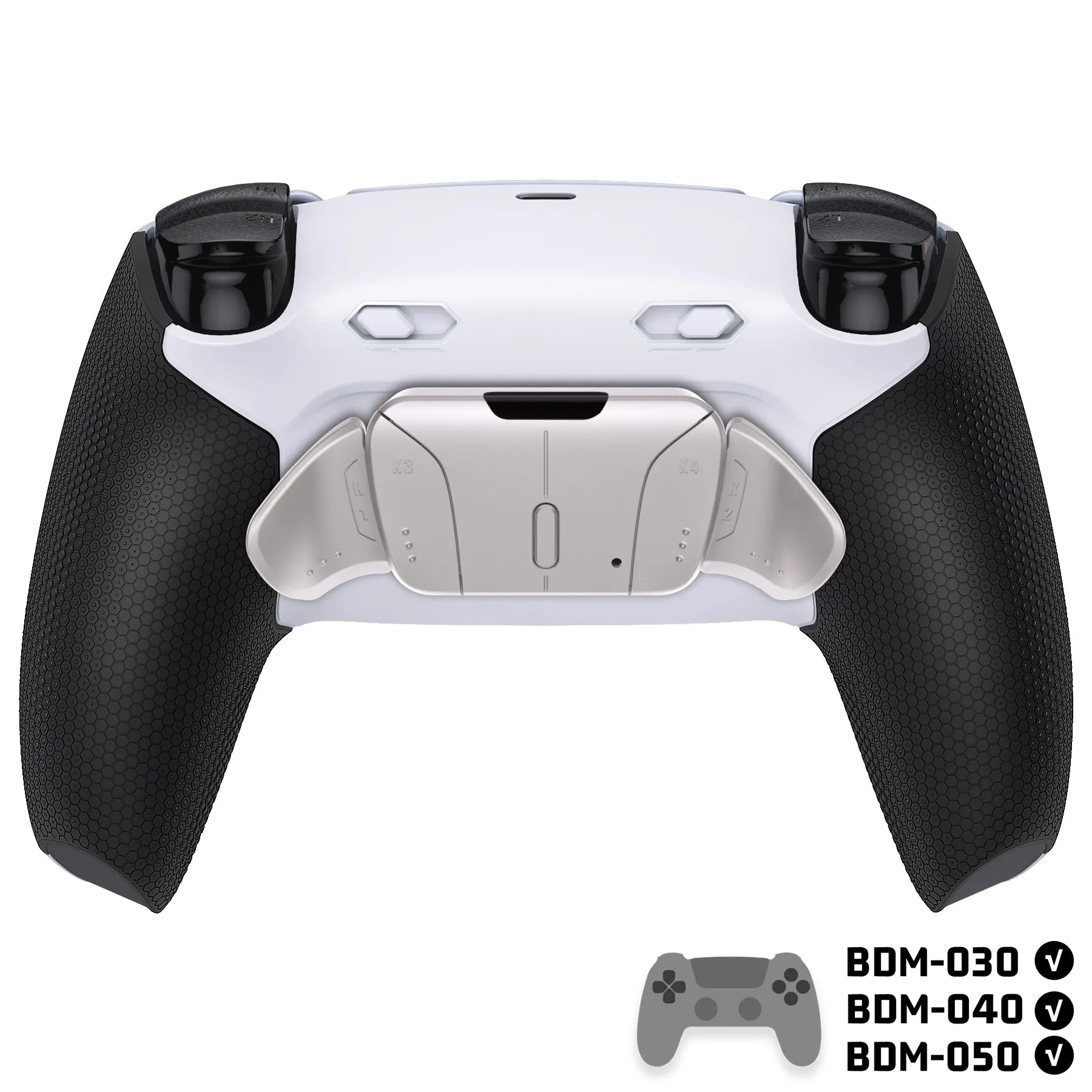 eXtremeRate Real Metal Buttons (RMB) Version RISE4 Plus MAX Back Paddles Kit with Clicky Trigger Stops & Rubberized Grip for PS5 Controller BDM-030/040/050 - White Black - Silver - HKCPFJ003M2