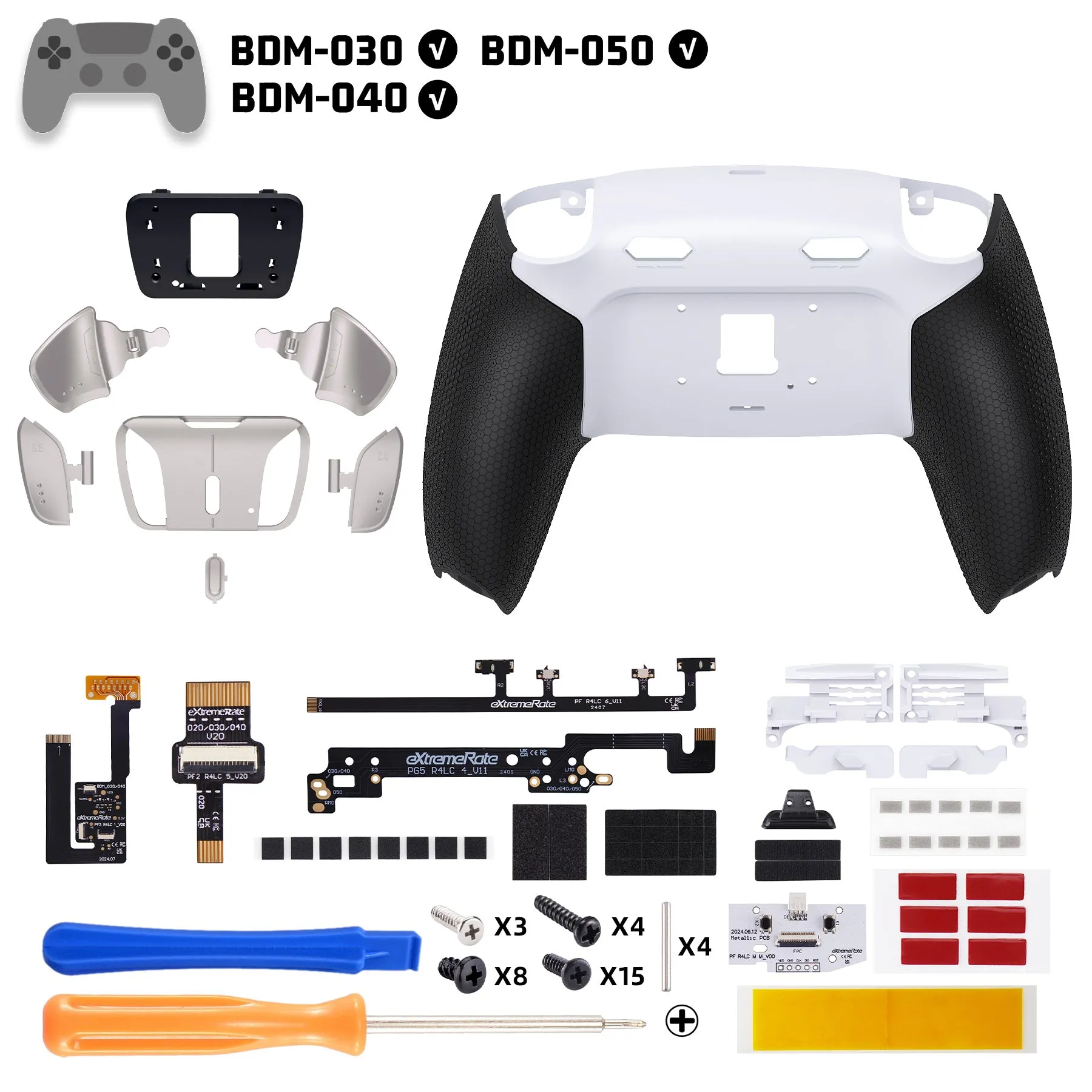 eXtremeRate Real Metal Buttons (RMB) Version RISE4 Plus MAX Back Paddles Kit with Clicky Trigger Stops & Rubberized Grip for PS5 Controller BDM-030/040/050 - White Black - Silver - HKCPFJ003M2