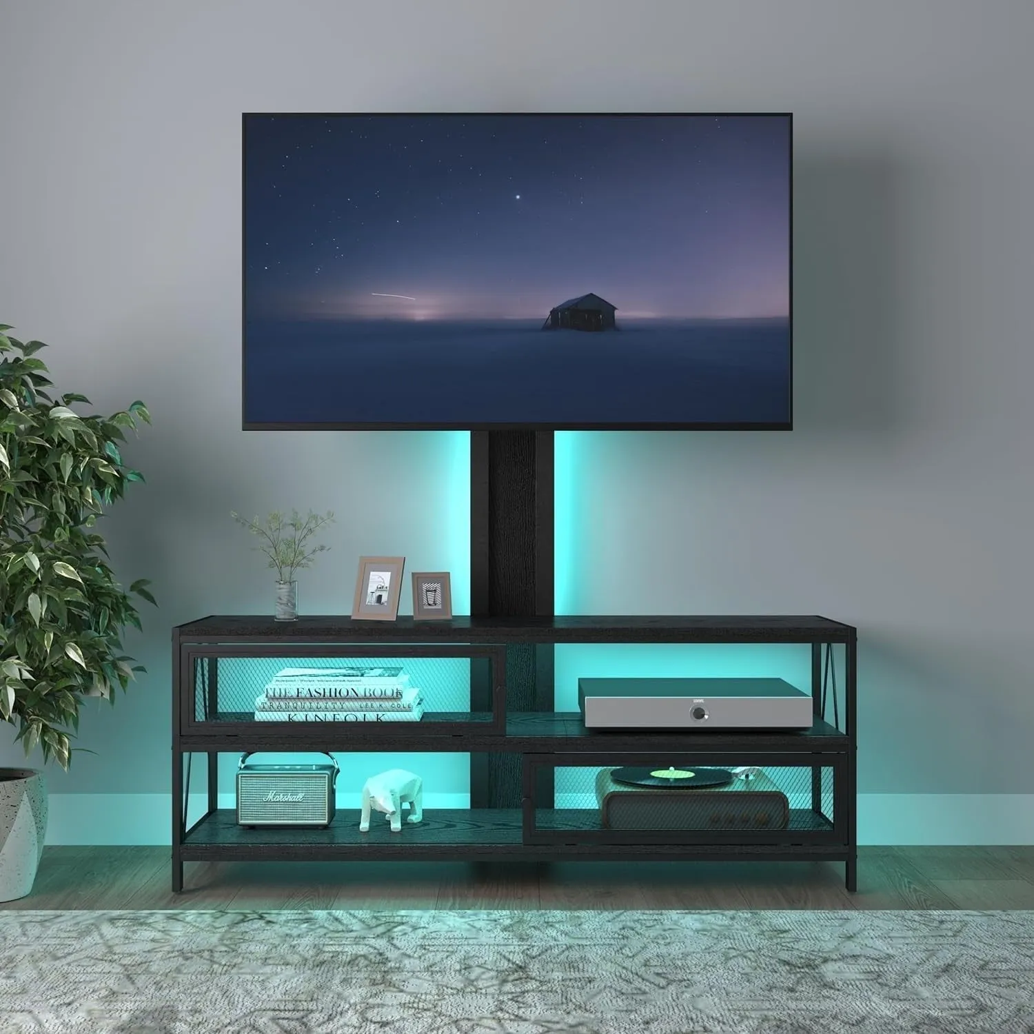 Heynemo Superjoe TV Stand with Mount and LED Light, Media Console Table w/Power Outlet for Living Room Bedroom Office, Black