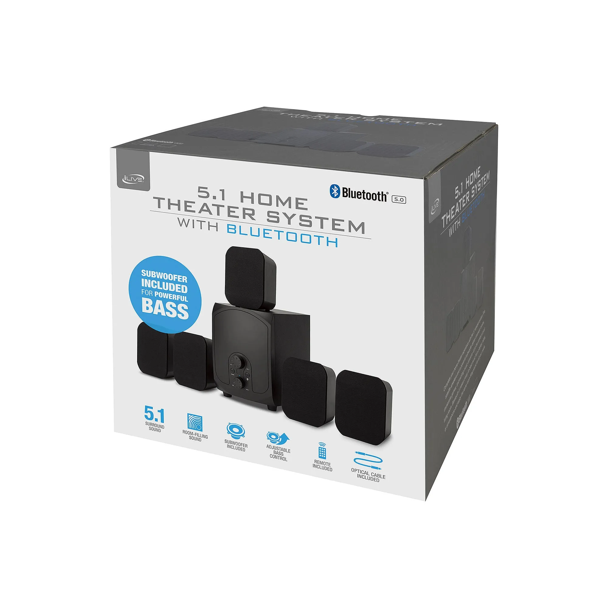 Ilive IHTB059BO 5.1-Channel 30W-RMS Home Theater Speaker System with Bluetooth & Remote - 6 Piece