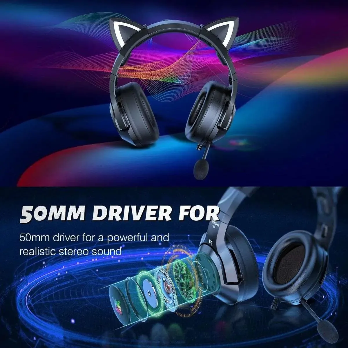 ONIKUMA K9 Elite Stereo Gaming Headsets with Cat Ears for PS4, PC and Switch