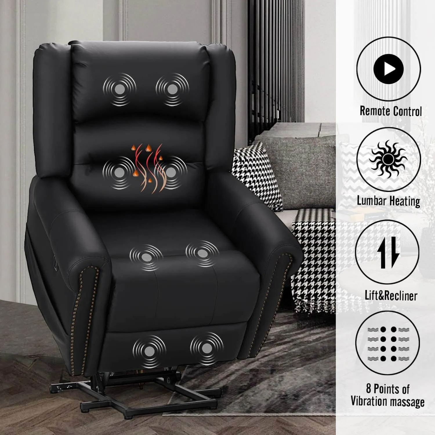 Power Lift Recliner Chair for Elderly, Faux Leather with Rivet Design Electric Recliner Chair with Heated Vibration Massage, Side Pockets & USB Port, Black