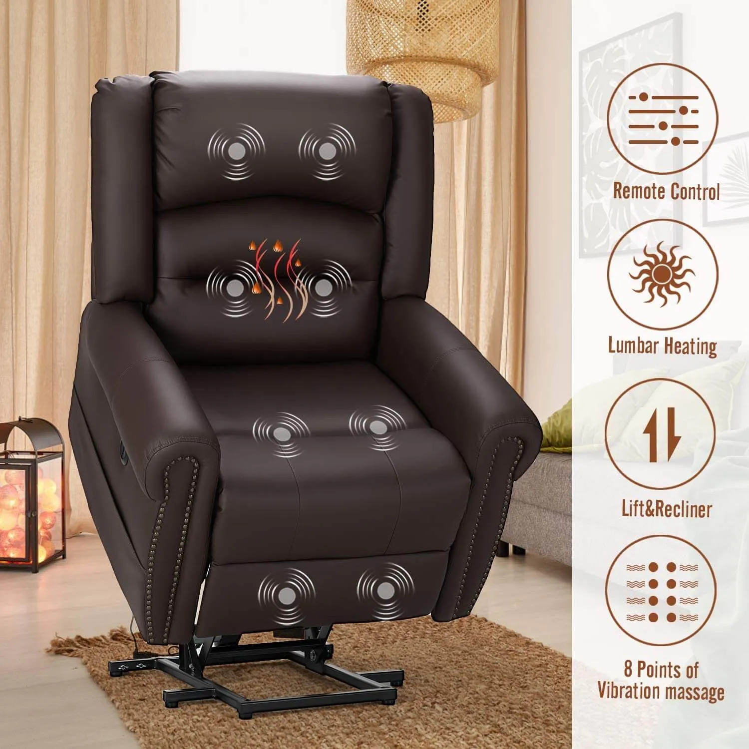 Power Lift Recliner Chair for Elderly, Faux Leather with Rivet Design Electric Recliner Chair with Heated Vibration Massage, Side Pockets & USB Port, Dark Brown