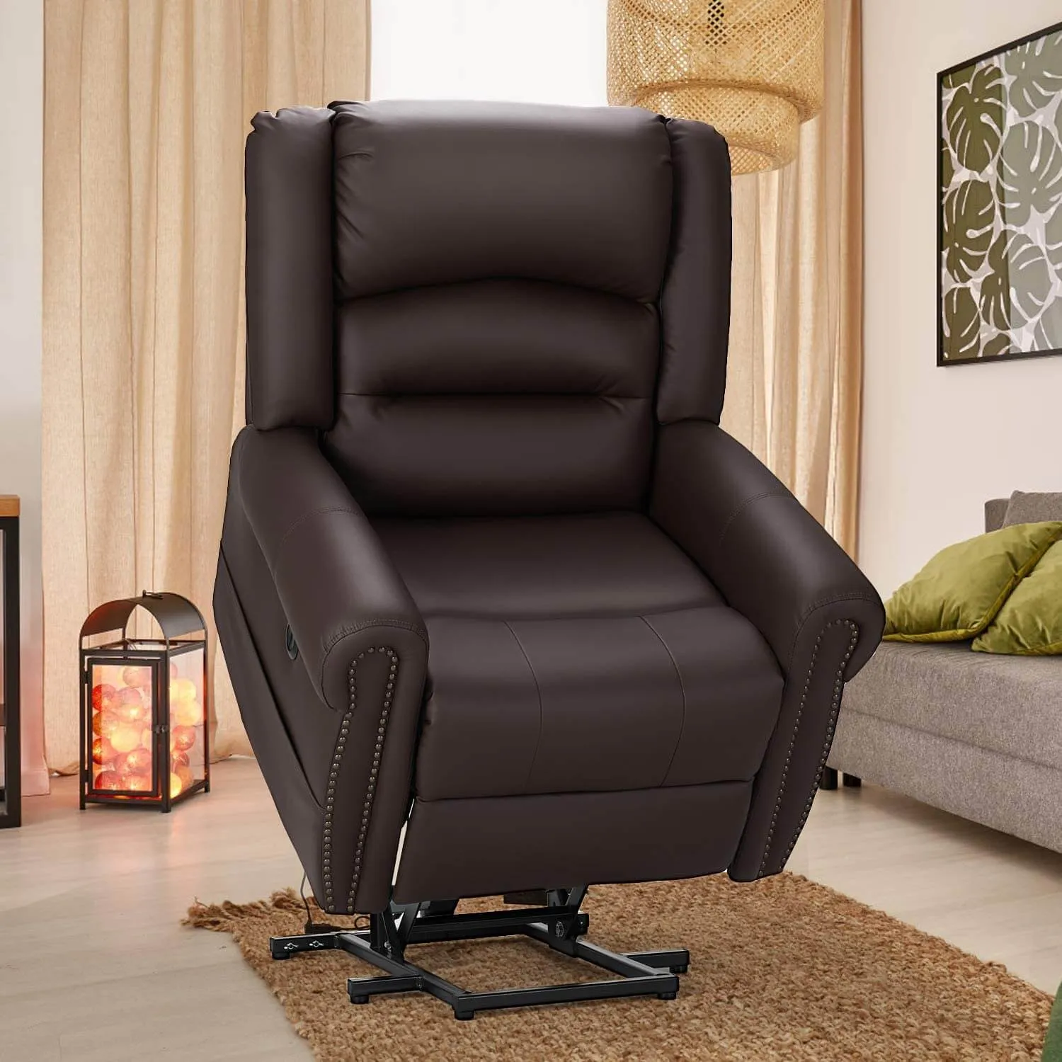 Power Lift Recliner Chair for Elderly, Faux Leather with Rivet Design Electric Recliner Chair with Heated Vibration Massage, Side Pockets & USB Port, Dark Brown