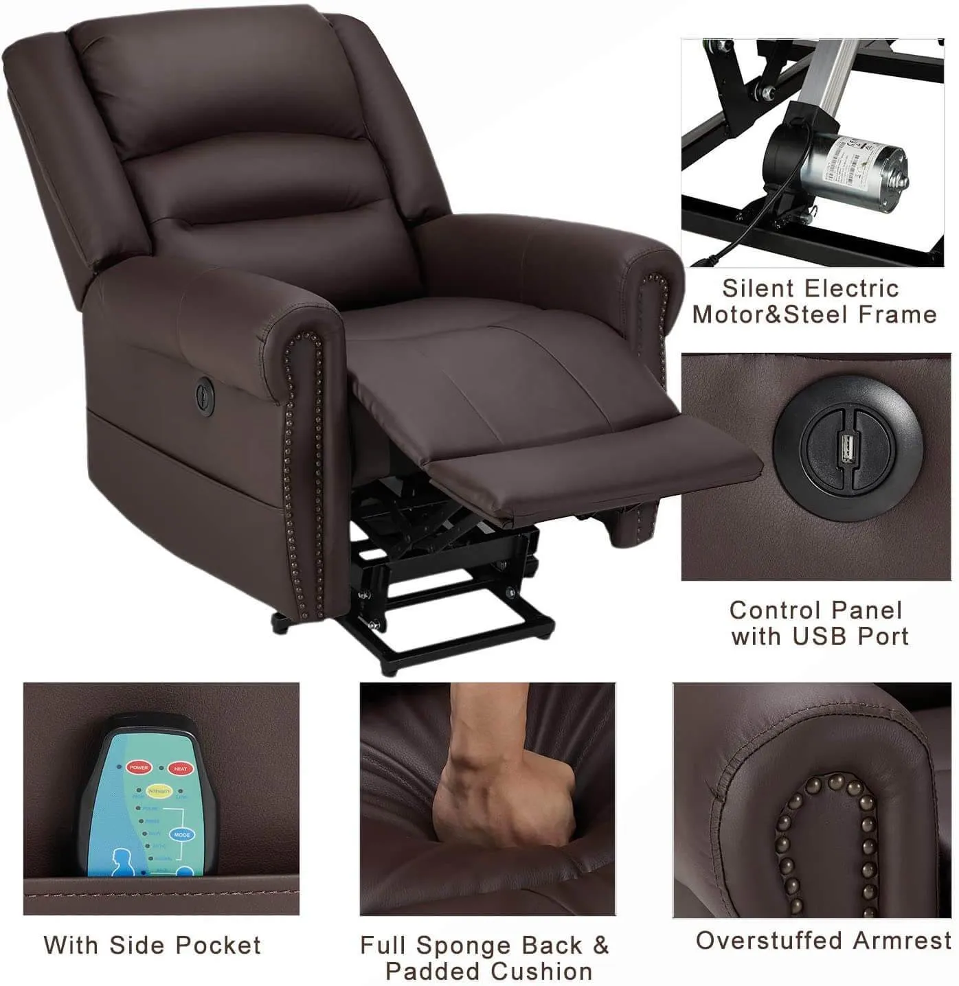 Power Lift Recliner Chair for Elderly, Faux Leather with Rivet Design Electric Recliner Chair with Heated Vibration Massage, Side Pockets & USB Port, Dark Brown