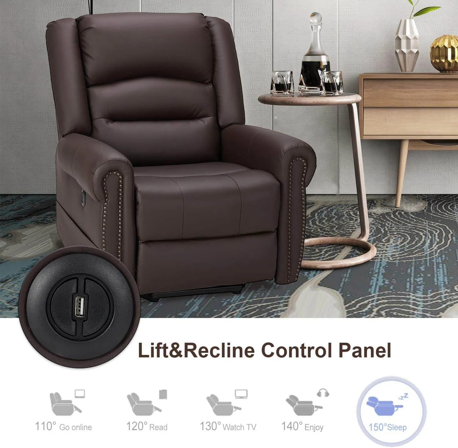 Power Lift Recliner Chair for Elderly, Faux Leather with Rivet Design Electric Recliner Chair with Heated Vibration Massage, Side Pockets & USB Port, Dark Brown