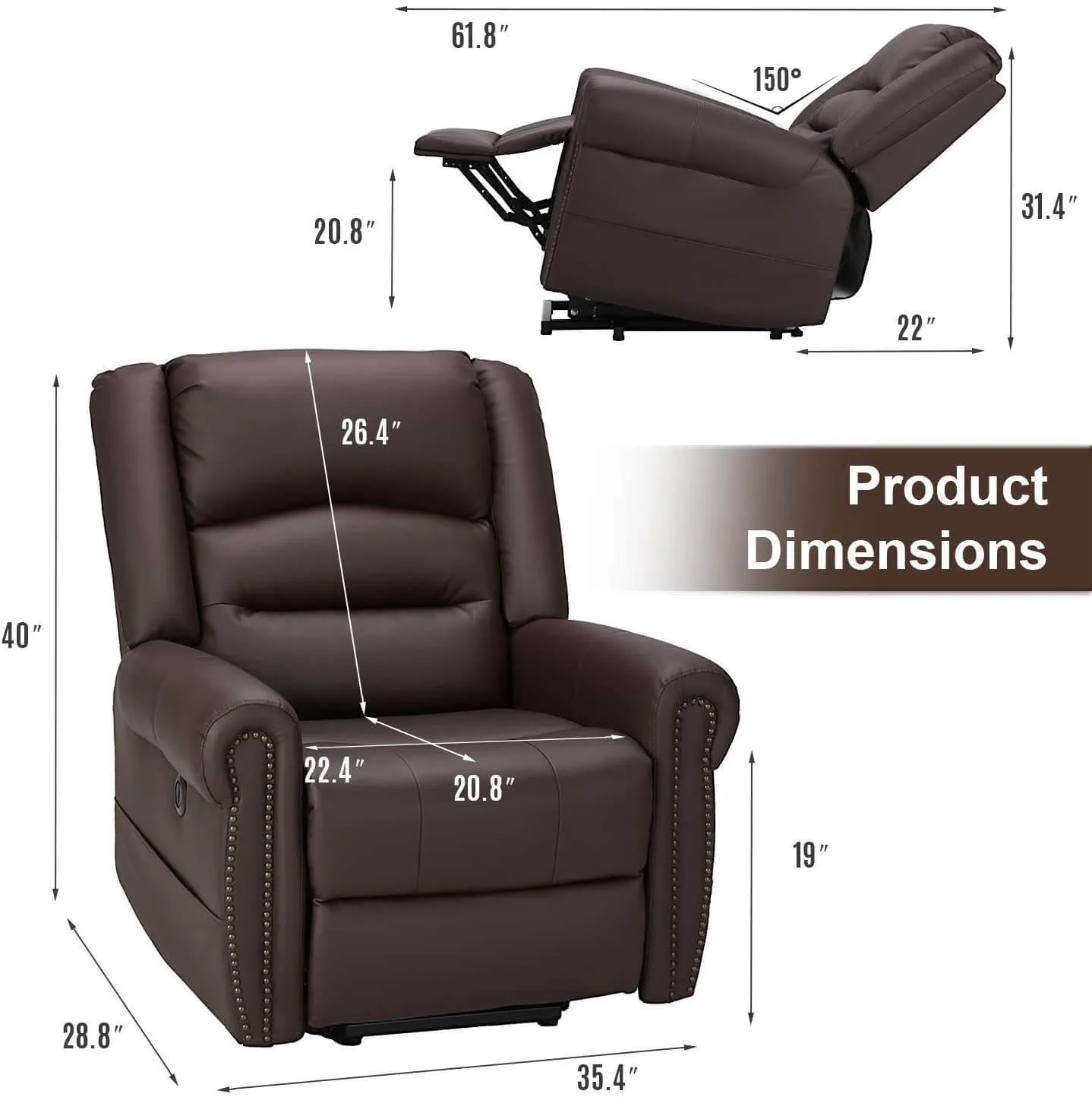 Power Lift Recliner Chair for Elderly, Faux Leather with Rivet Design Electric Recliner Chair with Heated Vibration Massage, Side Pockets & USB Port, Dark Brown