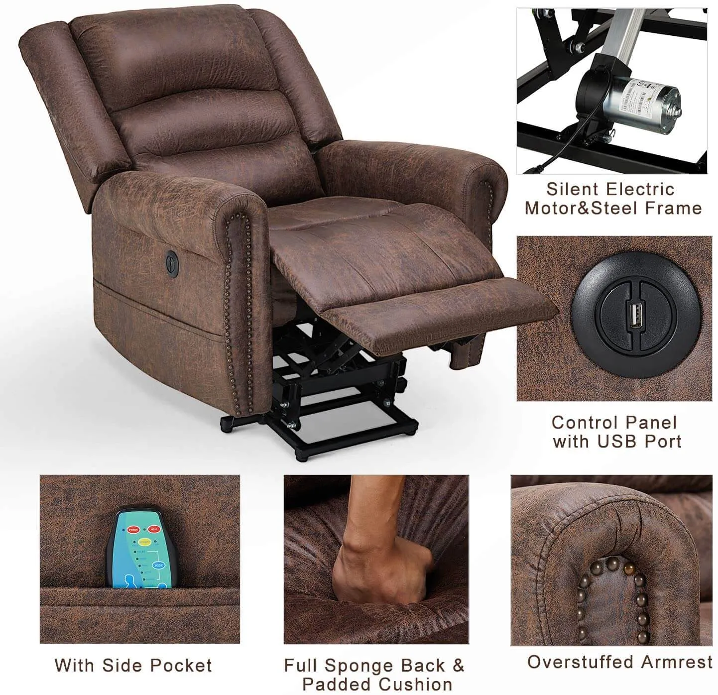 Power Lift Recliner Chair for Elderly, Faux Leather with Rivet Design Electric Recliner Chair with Heated Vibration Massage, Side Pockets & USB Port, Nut Brown