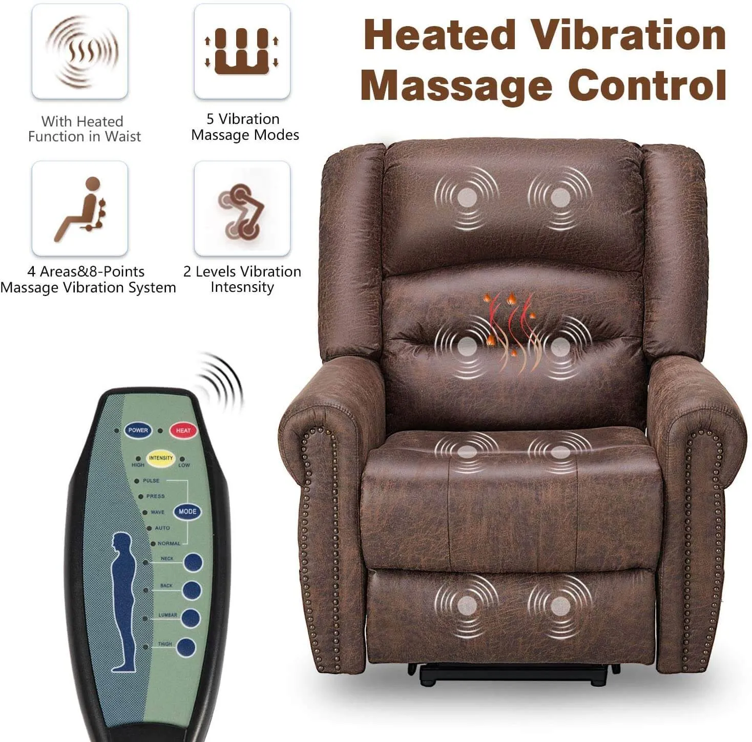 Power Lift Recliner Chair for Elderly, Faux Leather with Rivet Design Electric Recliner Chair with Heated Vibration Massage, Side Pockets & USB Port, Nut Brown