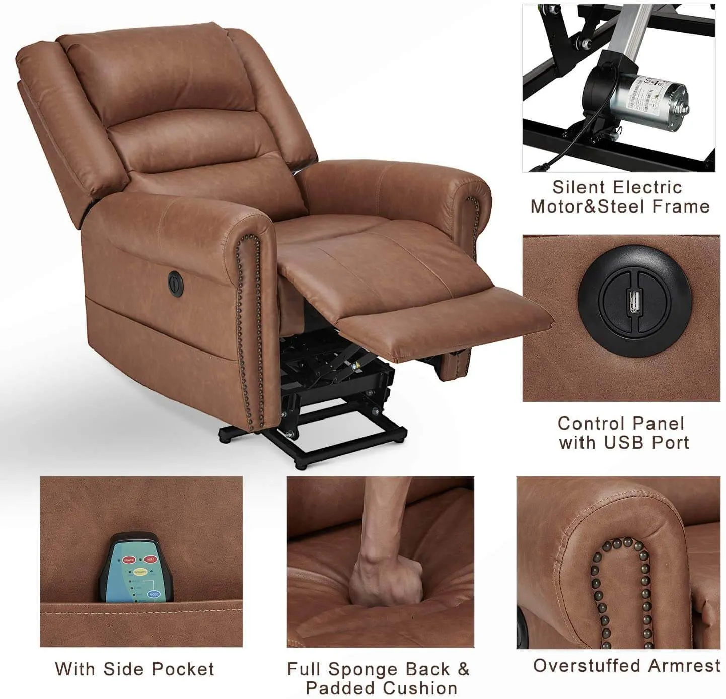 Power Lift Recliner Chair for Elderly, Faux Leather with Rivet Design Electric Recliner Chair with Heated Vibration Massage, Side Pockets & USB Port, Saddle Brown