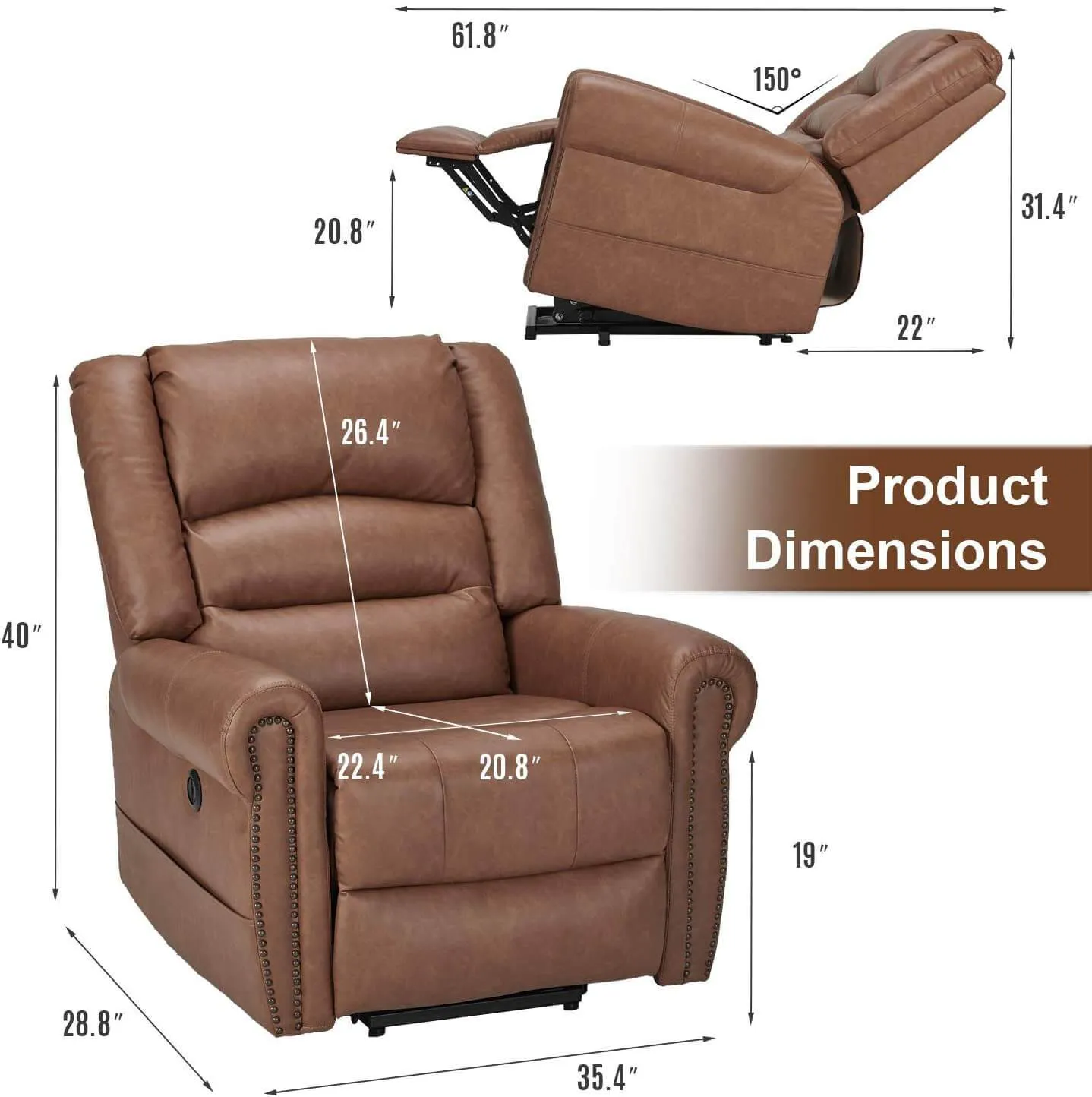 Power Lift Recliner Chair for Elderly, Faux Leather with Rivet Design Electric Recliner Chair with Heated Vibration Massage, Side Pockets & USB Port, Saddle Brown