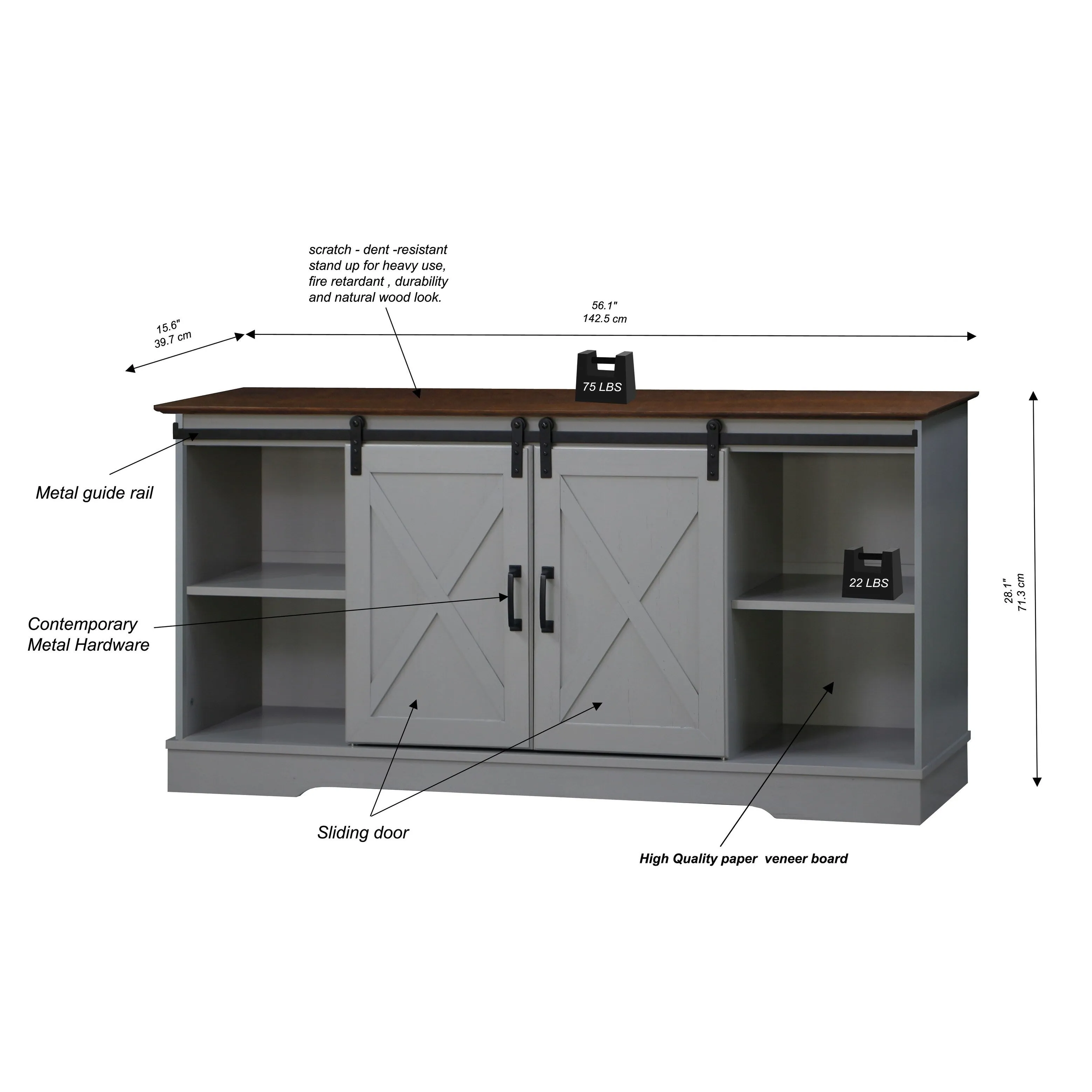 "56"" TV STAND with 2 BarnDoor" "Farmhouse Style Media Console with Barn Door Sliders, Multipurpose Entertainment Center"