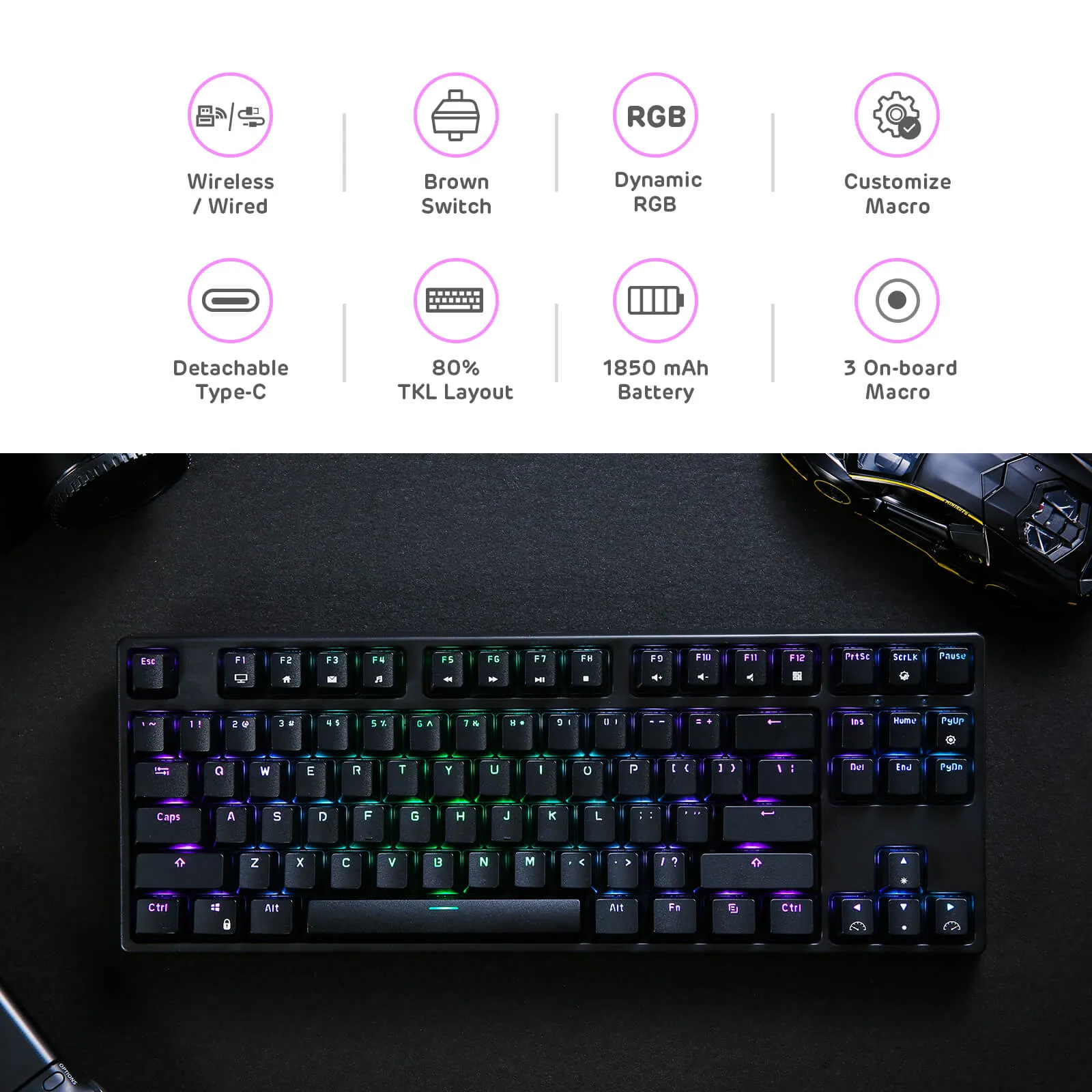 ROYAL KLUDGE Sink87G 87 Keys RGB 2.4G Wireless TKL Mechanical Gaming Keyboard - Black Tactile Brown Switches (Open-Box)