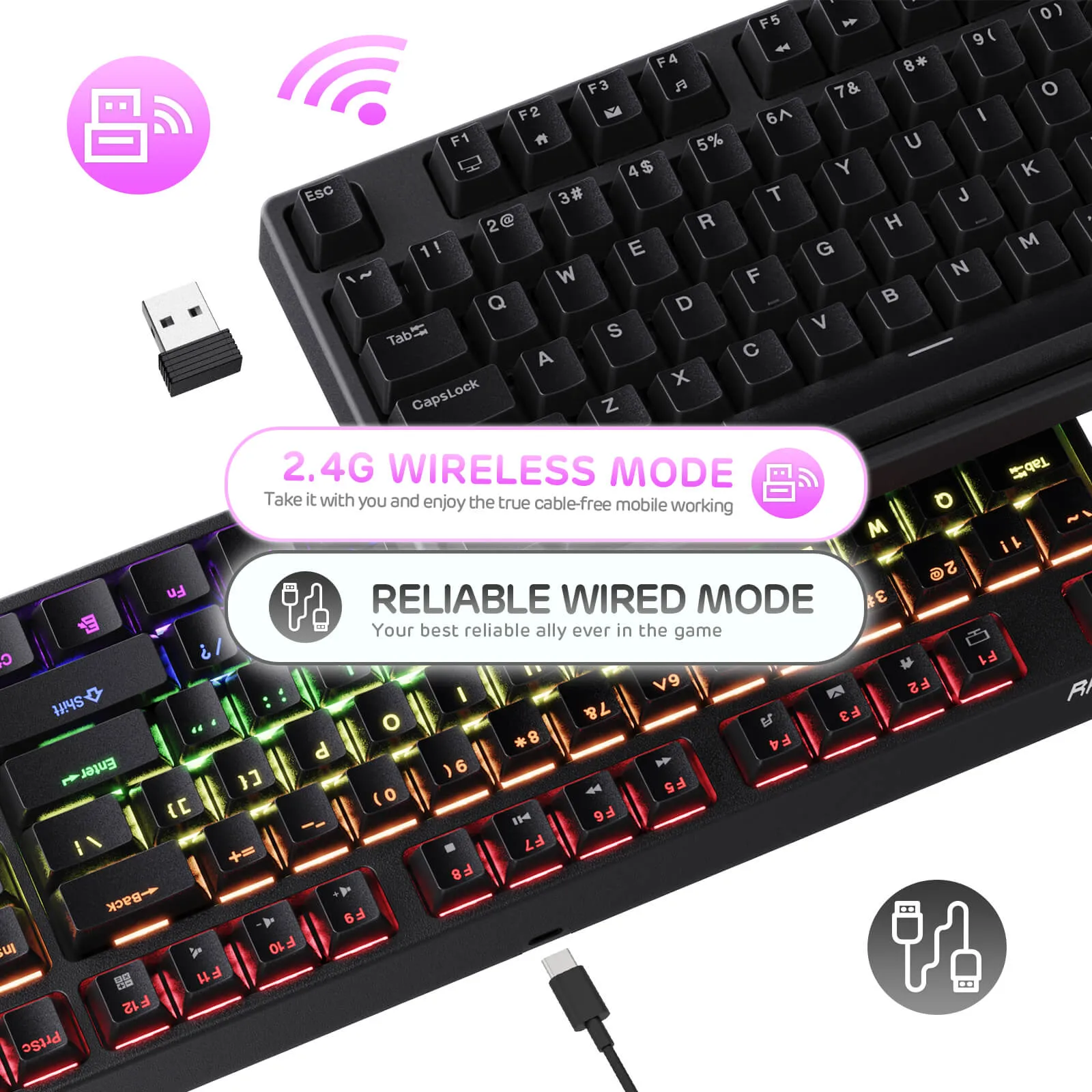 ROYAL KLUDGE Sink87G 87 Keys RGB 2.4G Wireless TKL Mechanical Gaming Keyboard - Black Tactile Brown Switches (Open-Box)