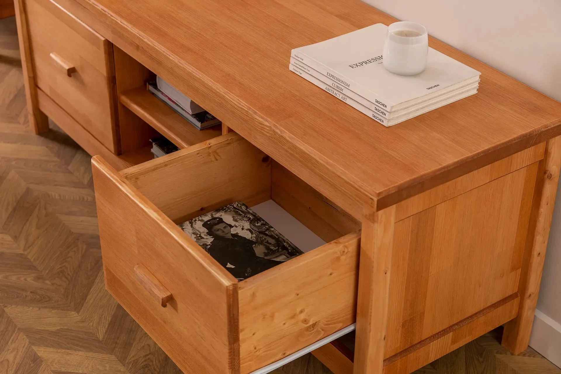 Solid Pine Wood Handmade TV Stand with Storage Drawers and Shelves for TVs up to 60" Dawn