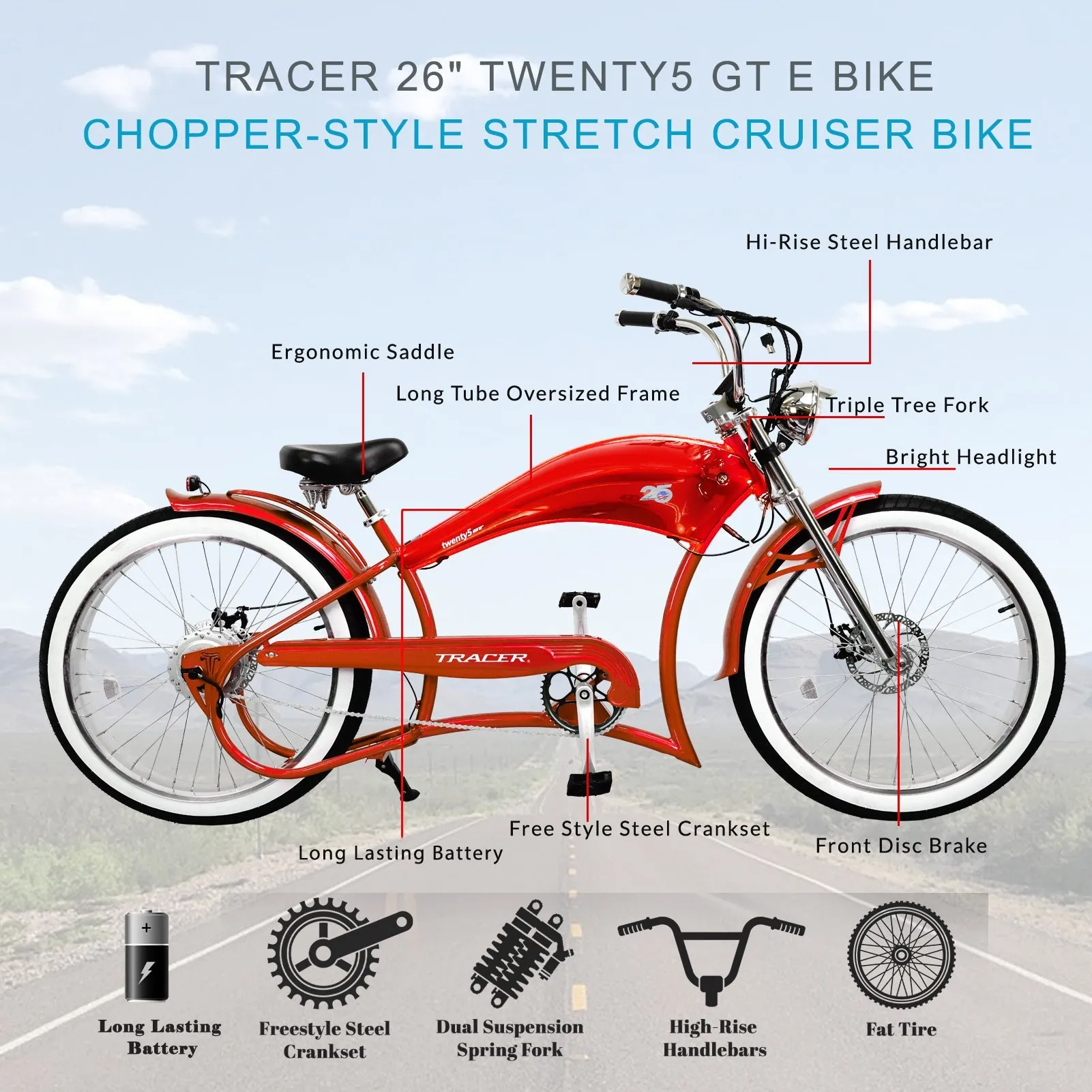 Tracer Twenty5 GT 26" 48V/17.5Ah 500W Chopper Cruiser E-Bikes