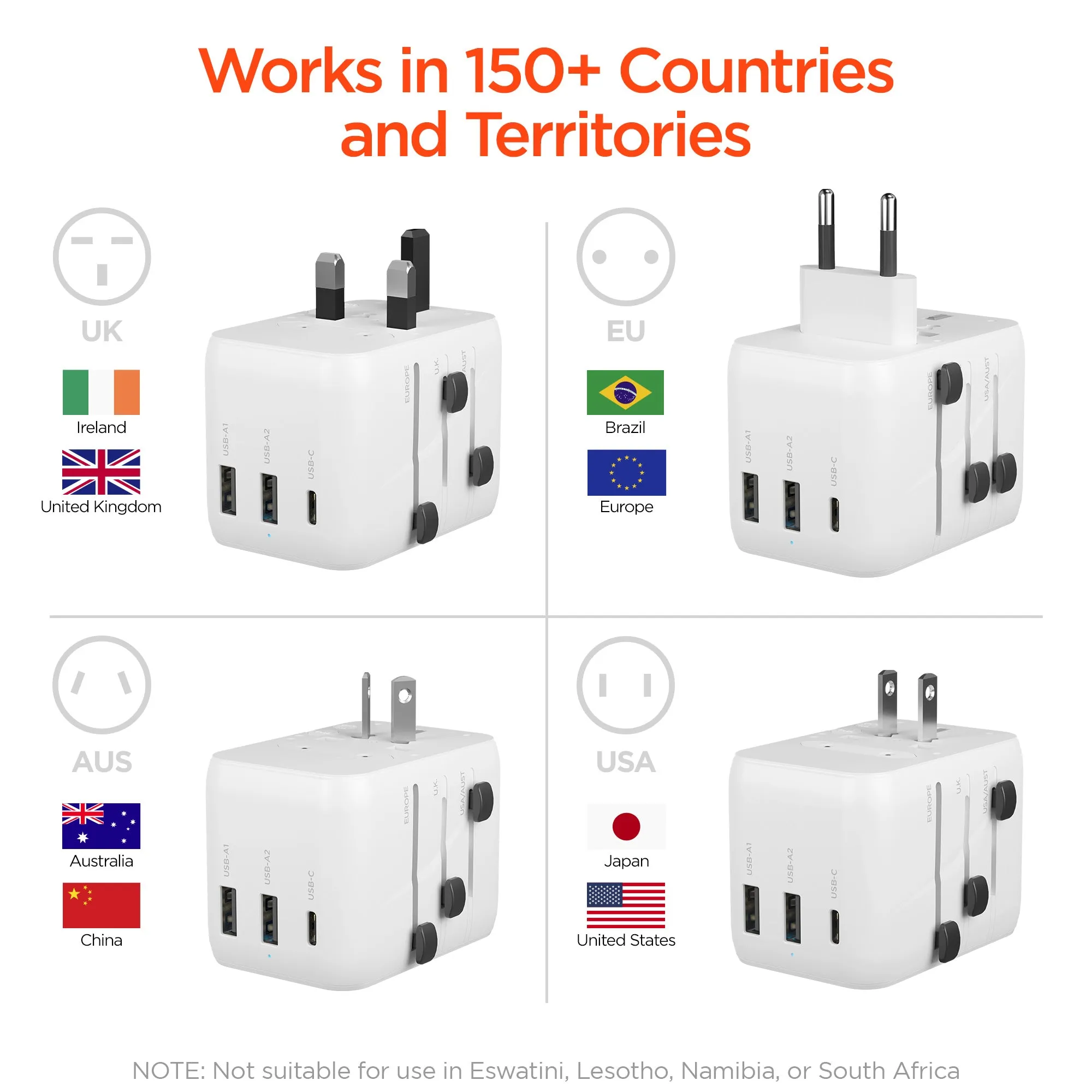 WorldCharge Universal Travel Adapter with USB-C | White